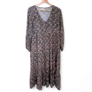 Faherty Women's M Isabella Midi Dress Long Sleeve Artisan Block Vneck Viscose